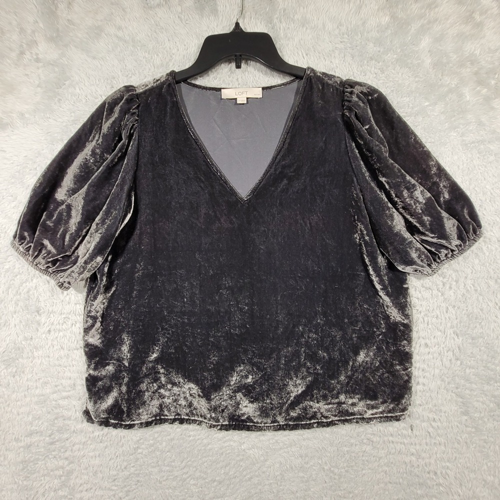Loft Velvet Puff Sleeve Top Women Large Petite LP Gray V-Neck